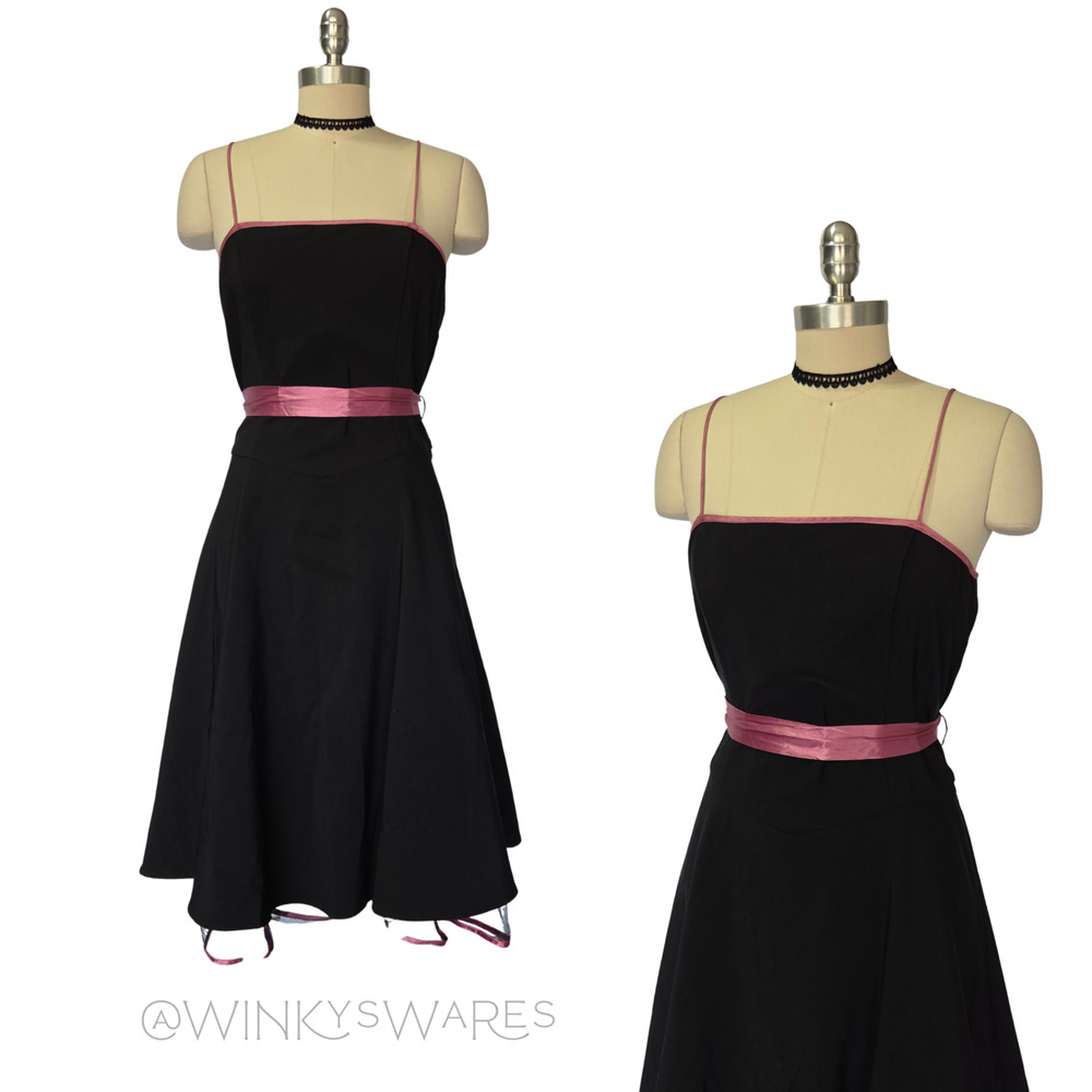 Vintage 90s Fit & Flare Midi Dress Size L 13/14 Retro Style Black Pink Tulle